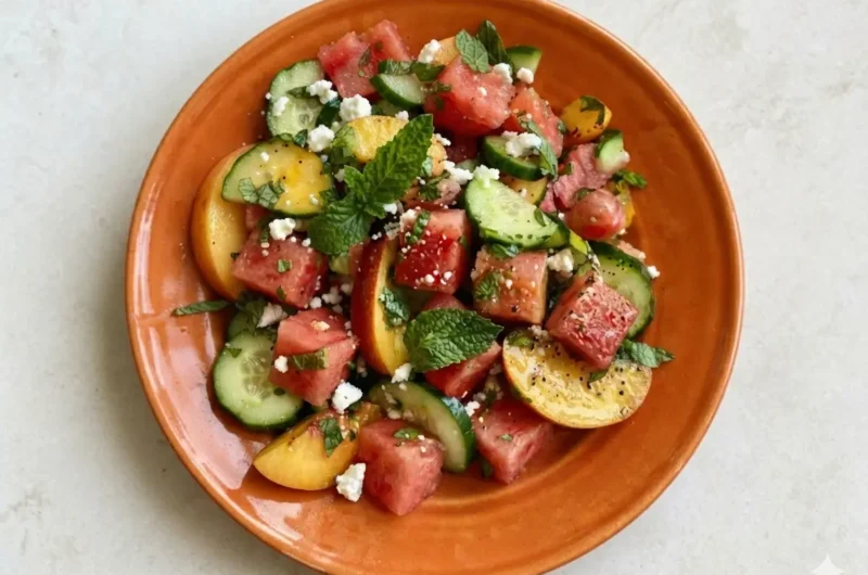 A hero shot of a Peach Watermelon Salad in a minimalist white ceramic bowl placed on a white marble countertop. The salad consists of bright red watermelon cubes, vibrant yellow-orange peach wedges, thin slices of green English cucumber, and white crumbles of feta cheese. Fresh green mint leaves are scattered throughout, and a dusting of cracked black pepper is visible. The scene is illuminated by soft, natural morning light coming from an east window, creating gentle shadows and warm tones. A wooden cutting board is partially visible in the background with fresh herbs.