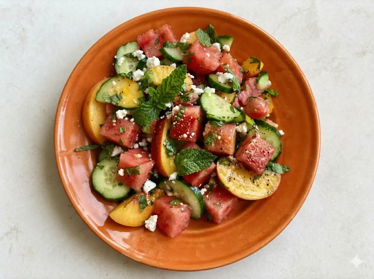 A hero shot of a Peach Watermelon Salad in a minimalist white ceramic bowl placed on a white marble countertop. The salad consists of bright red watermelon cubes, vibrant yellow-orange peach wedges, thin slices of green English cucumber, and white crumbles of feta cheese. Fresh green mint leaves are scattered throughout, and a dusting of cracked black pepper is visible. The scene is illuminated by soft, natural morning light coming from an east window, creating gentle shadows and warm tones. A wooden cutting board is partially visible in the background with fresh herbs.