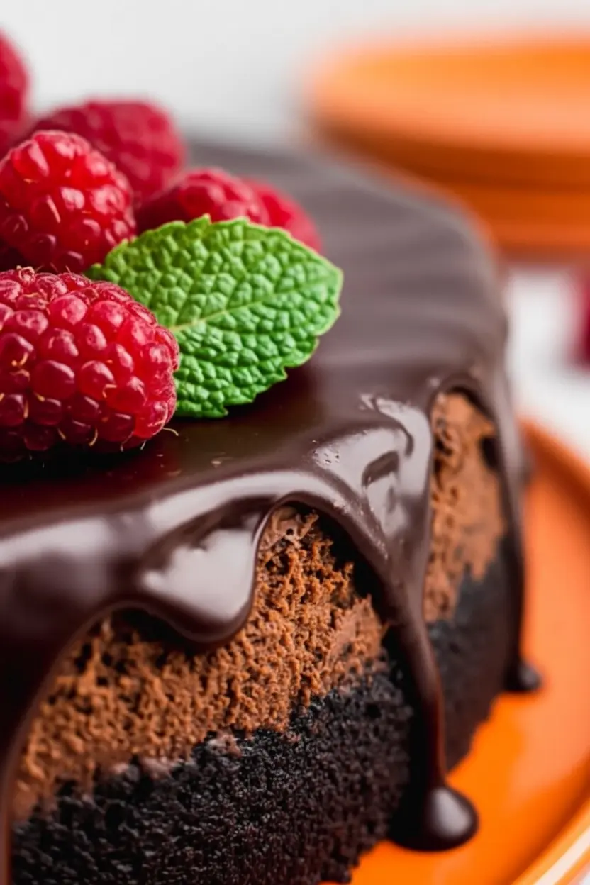 A 3:4 vertical shot focusing on the ingredients for Triple Chocolate Cheesecake with Chocolate Ganache. A ceramic bowl of dark chocolate cookie crumbs sits next to a glass bowl of melted bittersweet chocolate and a block of cream cheese on a wooden cutting board. Soft morning light hits the marble countertop, and a small bunch of fresh mint is visible in the background.