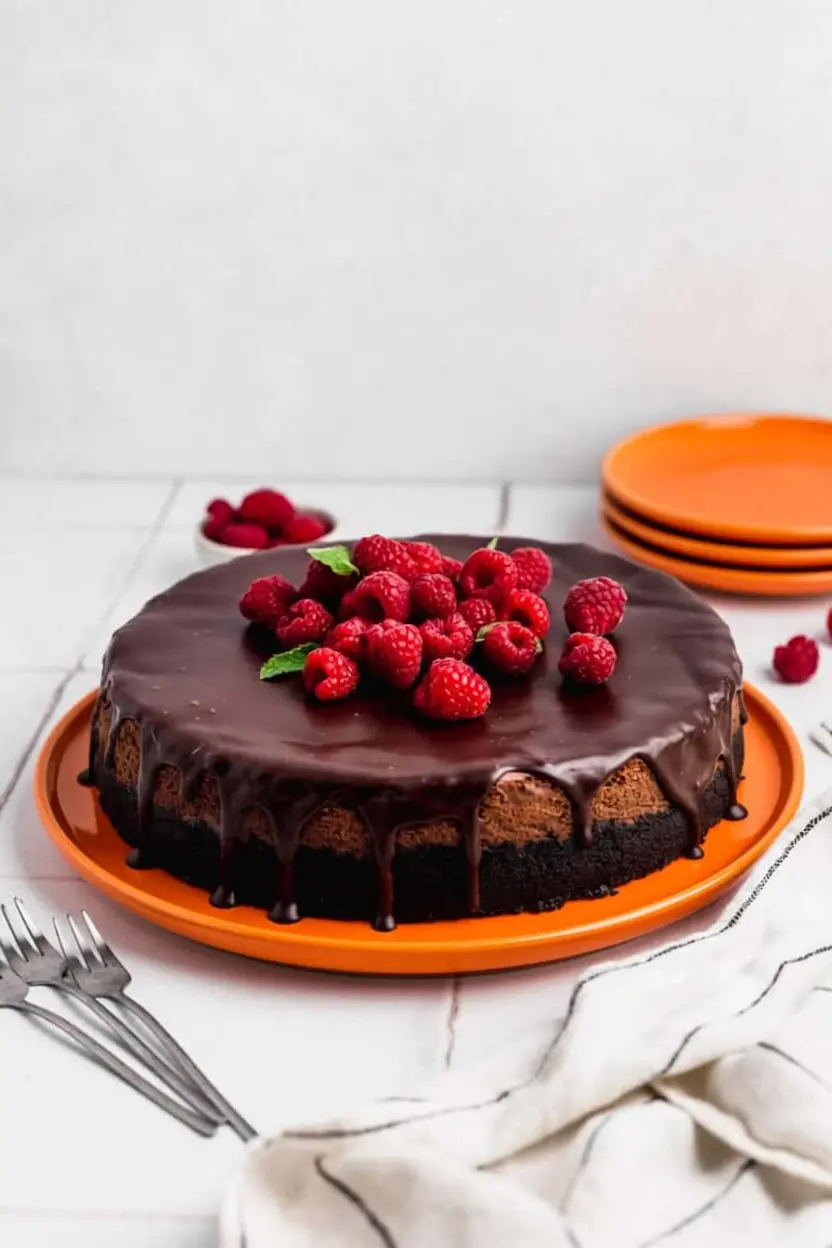 A 3:4 vertical action-style shot of the Triple Chocolate Cheesecake with Chocolate Ganache during the process. The focus is on a stream of glossy dark chocolate ganache being poured over the center of the chilled cheesecake, with several drips starting to move down the dark sides. The marble surface is clean, and the lighting is warm and inviting, highlighting the liquid texture of the chocolate.