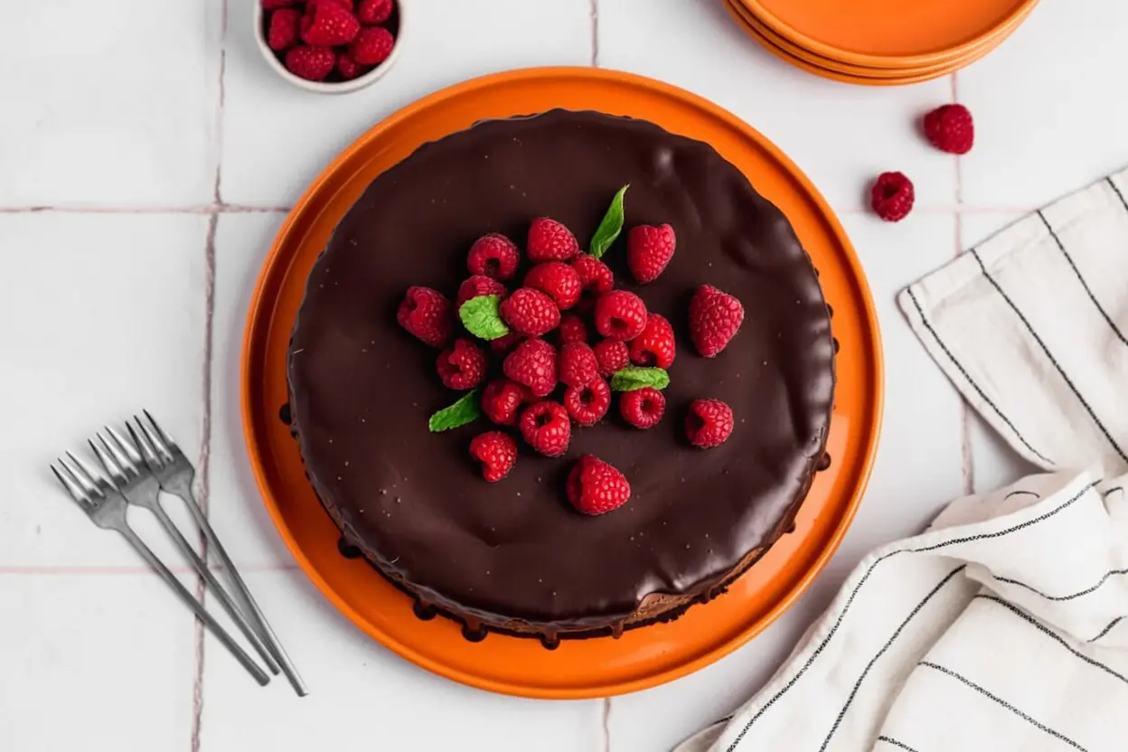 A high-angle 4:3 hero shot of a whole Triple Chocolate Cheesecake with Chocolate Ganache resting on a white marble slab. The cheesecake has a dark, thick chocolate cookie crust, a rich chocolate filling, and a glossy dark chocolate ganache dripping down the sides. A pile of vibrant red raspberries and a small mint sprig sit in the center. The background is a clean white tiled wall with soft morning light from an east window, creating gentle shadows. A striped linen napkin is tucked partially under the marble slab.